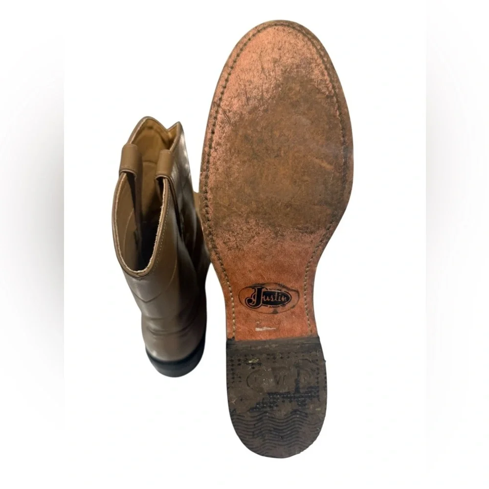 Justin Junior Western Boots Size 5.5 Tan Leather Mid Calf Round Toe Cowboy‎
